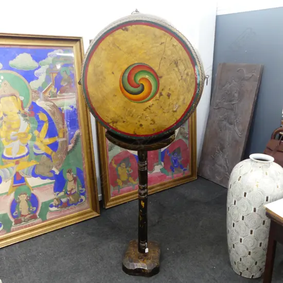 LG TIBETAN DRUM 720mm dia & STAND H.1200mm