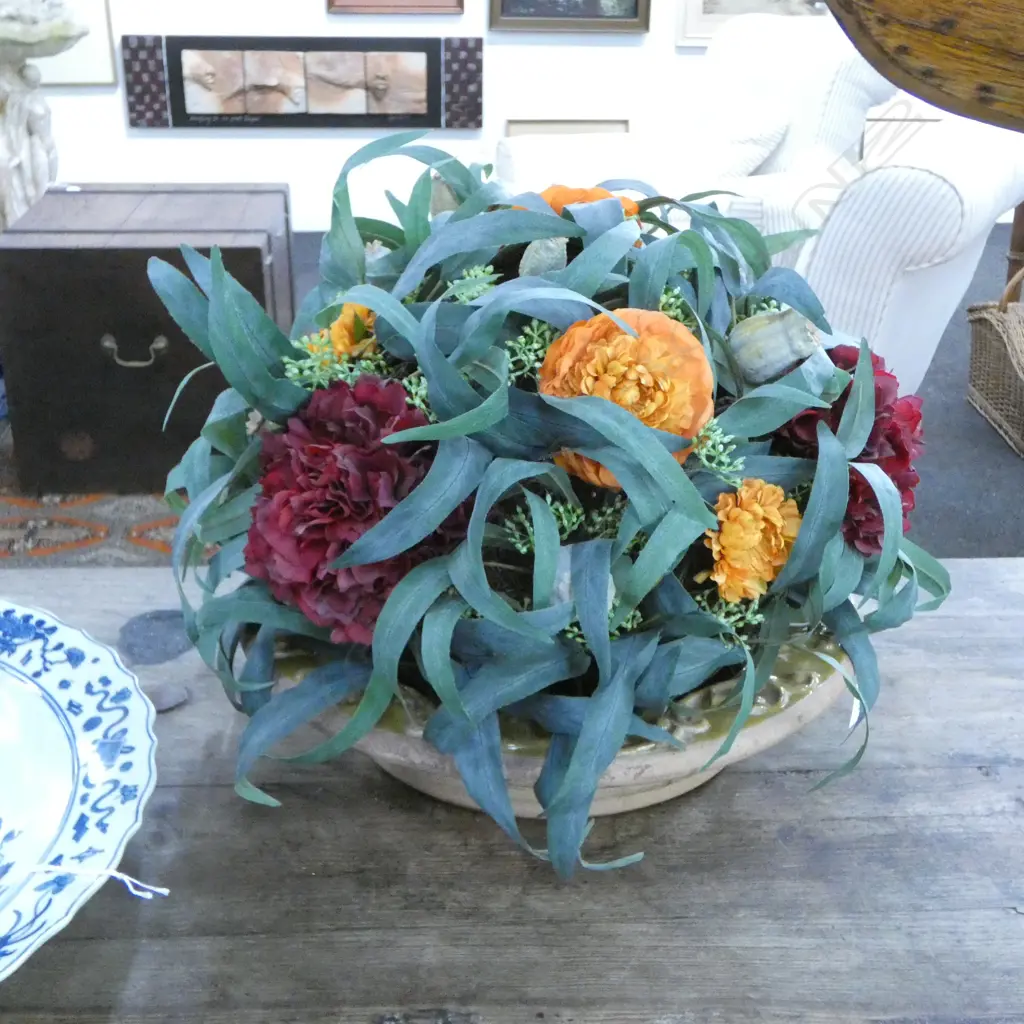 FAUX FLORAL ARRANGEMENT IN GLAZED BOWL 390mm dia Image 1++