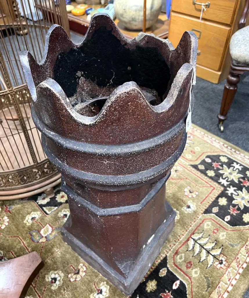 SALT GLAZED CHIMNEY POT H.720mm one top curved section broken off & missing Image 1++