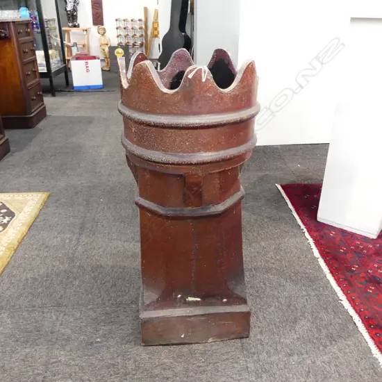 SALT GLAZED CHIMNEY POT H.720mm one top curved section broken off & missing