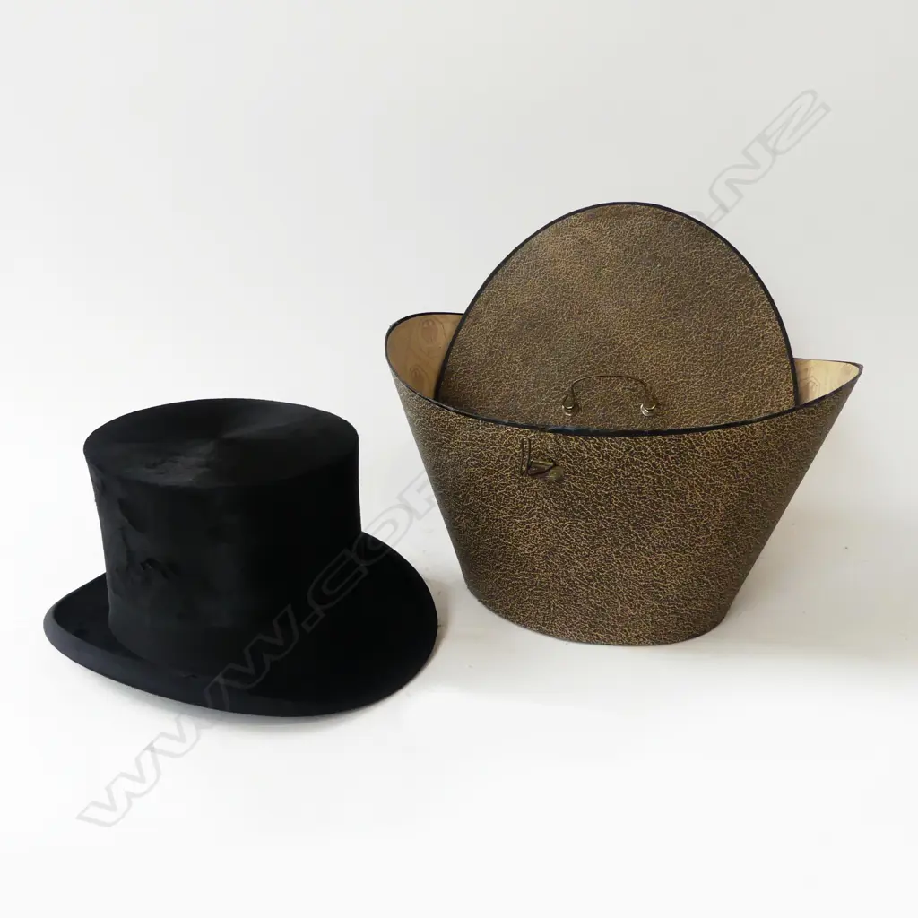 ANTIQUE ENGLISH MOLESKIN TOP HAT IN GERMAN CARRY CASE  Image 1++