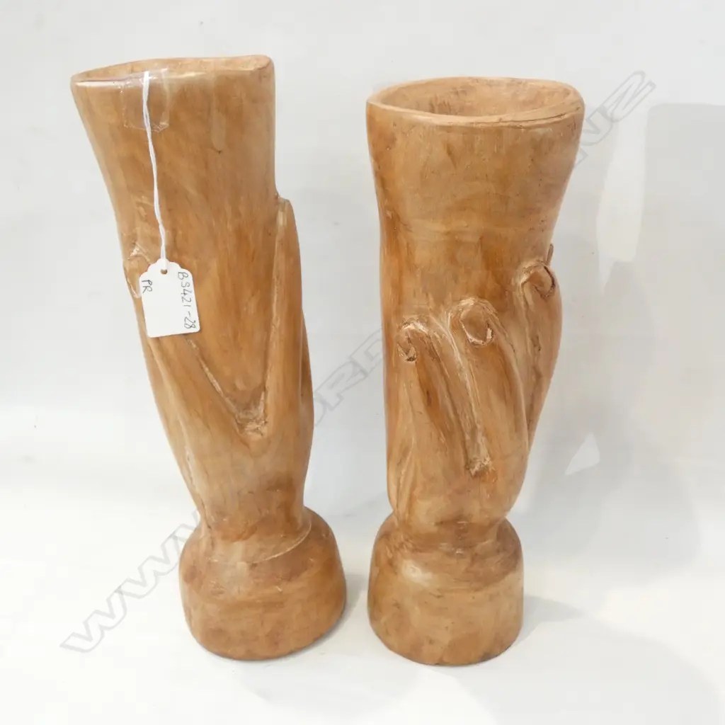 PR PITCAIRN ISLAND SCULPTURED WOODEN HAND VASES - REYNOLD WARREN H. 310MM Image 1++
