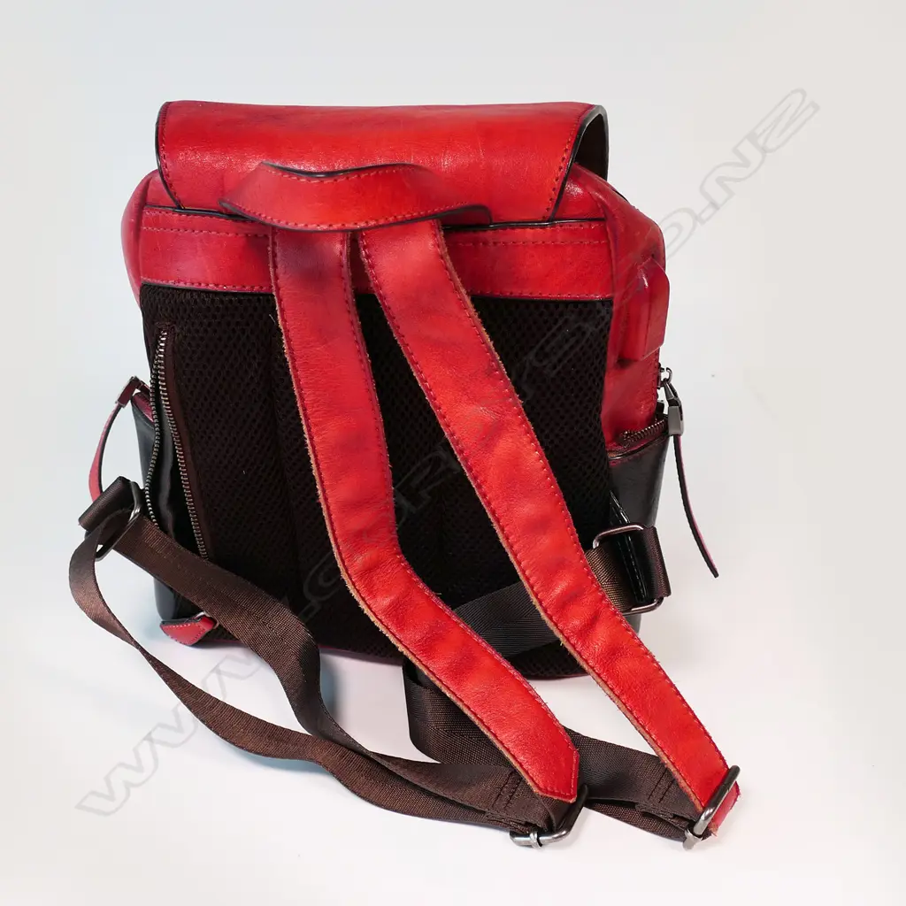 SM RED TOOLED LEATHER BACKPACK, MULTIPLE POCKETS, 260 x 300 x 150mm Image 1++