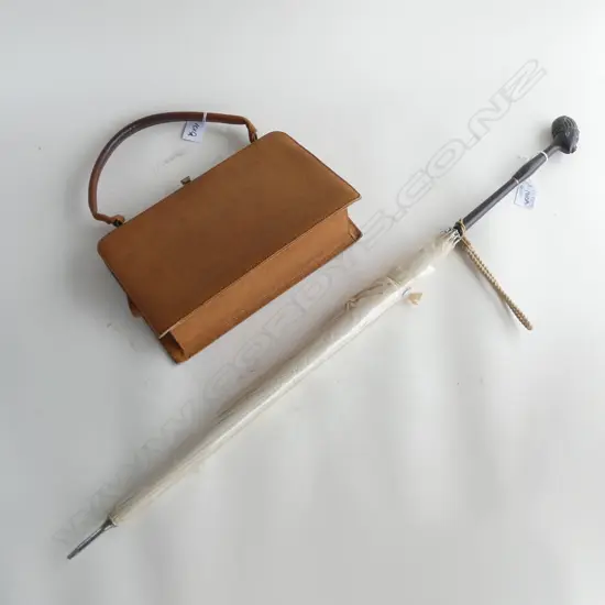 VINTAGE HANDBAG 'A HERMES PRODUCT' W.270mm & UMBRELLA w. CARVED HEAD HANDLE L.785mm