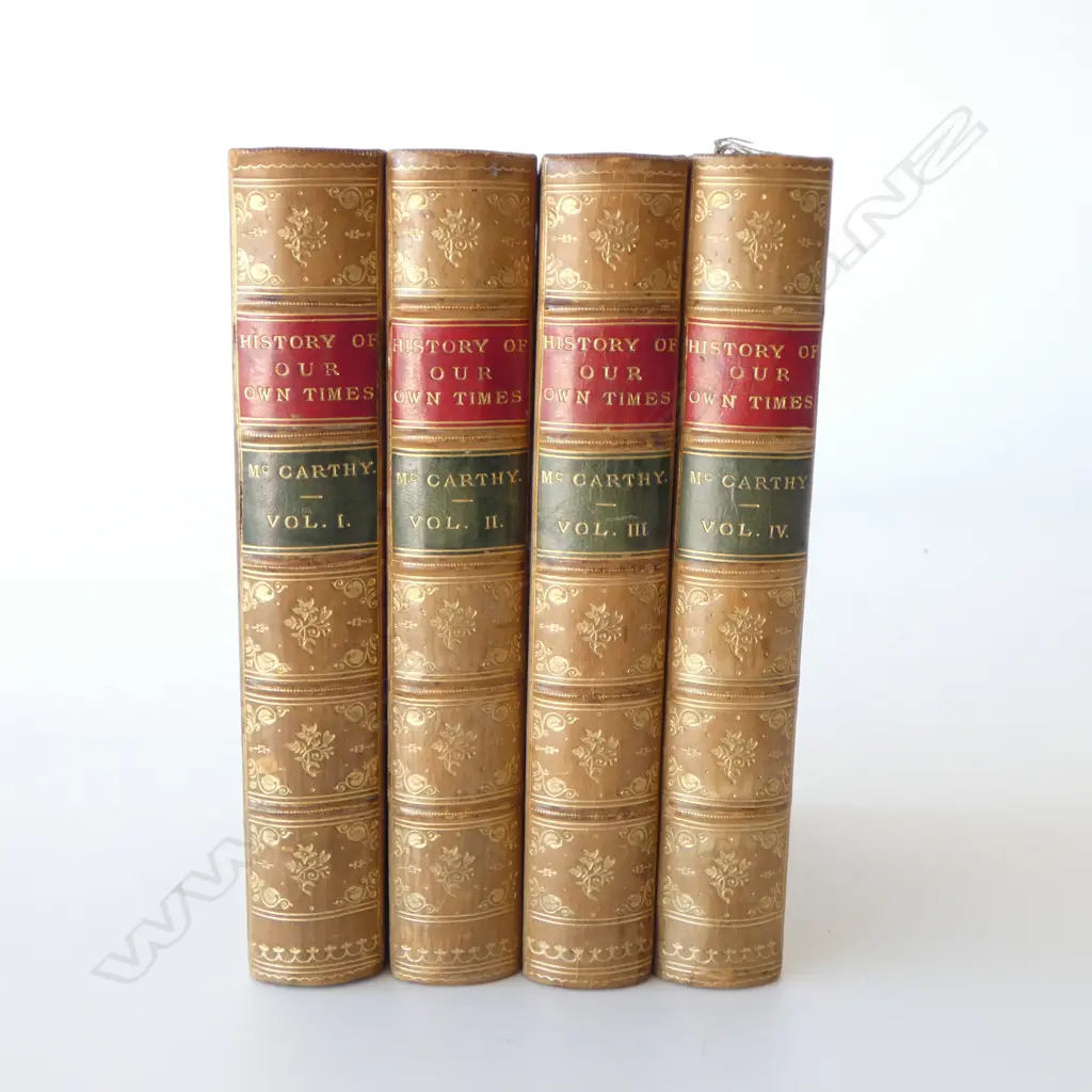 4 VOLS. ANTIQUE DECORATIVE LEATHER BOOKS watered end papers 'HISTORY OF OUR OWN TIMES' 1882 walnut look leather boards Image 1++