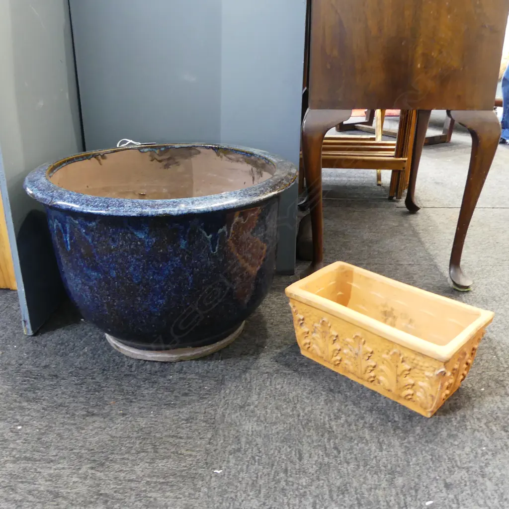 LG BLUE GLAZED PLANTER POT H.330mm, 490mm dia + ANOTHER W.305mm Image 1++
