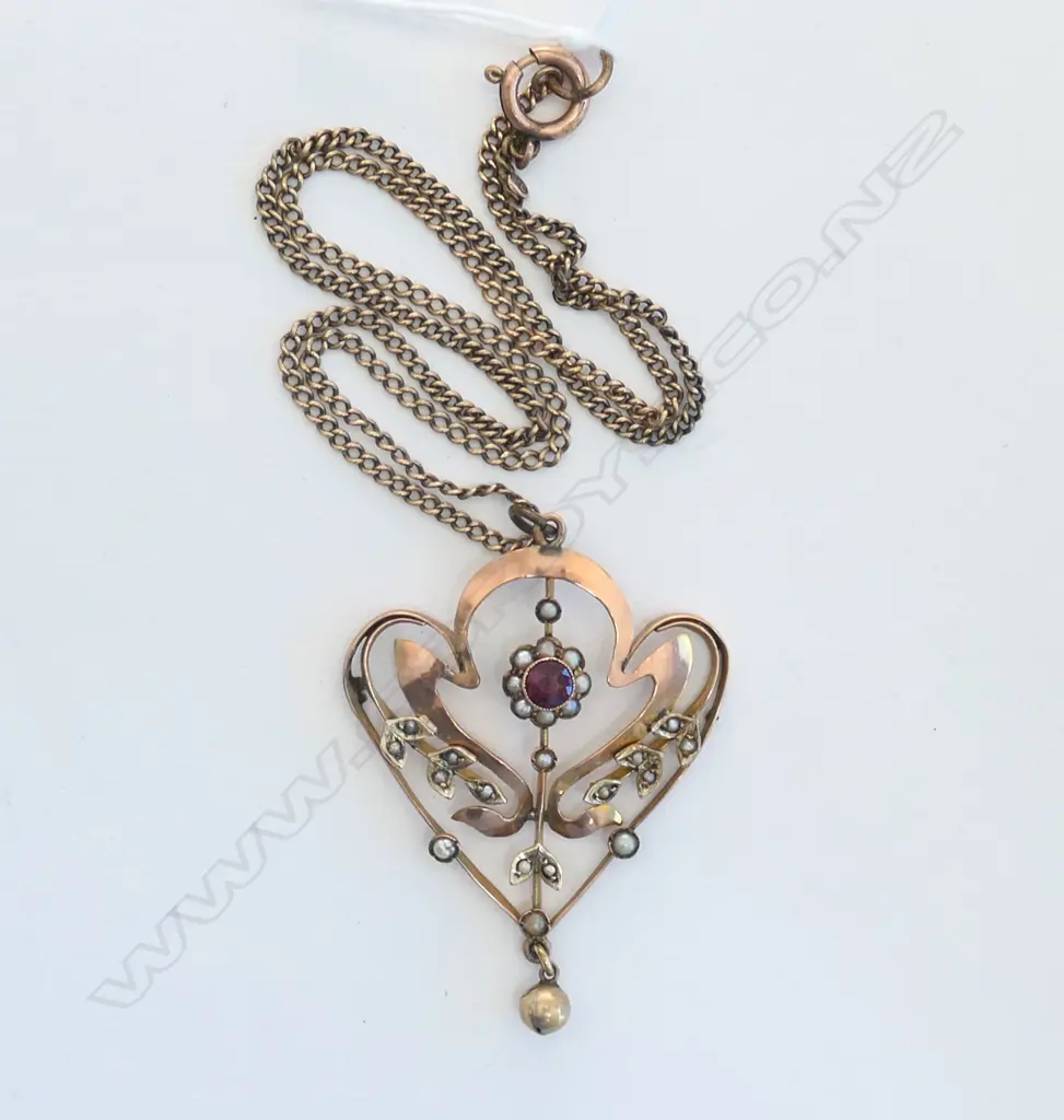 9CT EDWARDIAN SEED PEARL & GARNET PENDANT NECKLACE 6.5 GM Image 1++