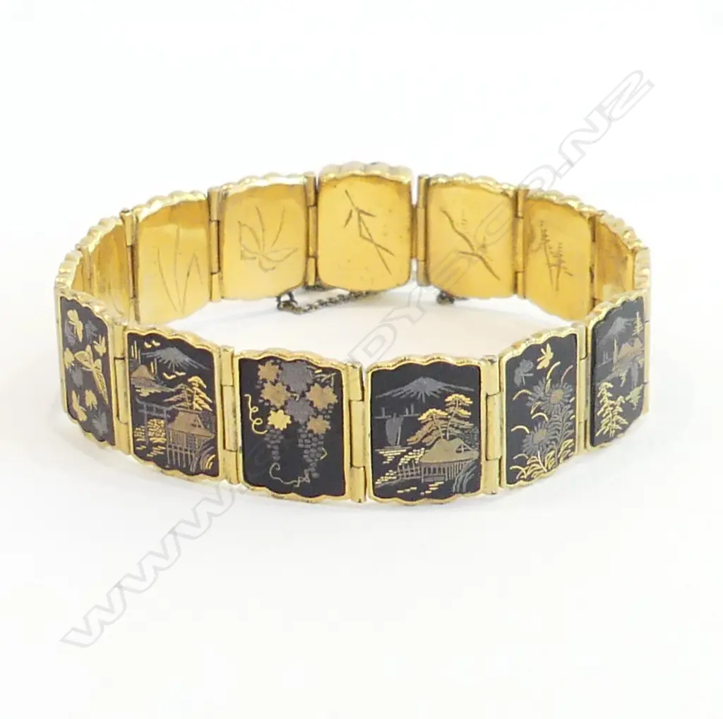 JAPANESE SHAKUDO DAMASCENE PICTORIAL PANEL BRACELET Image 1++