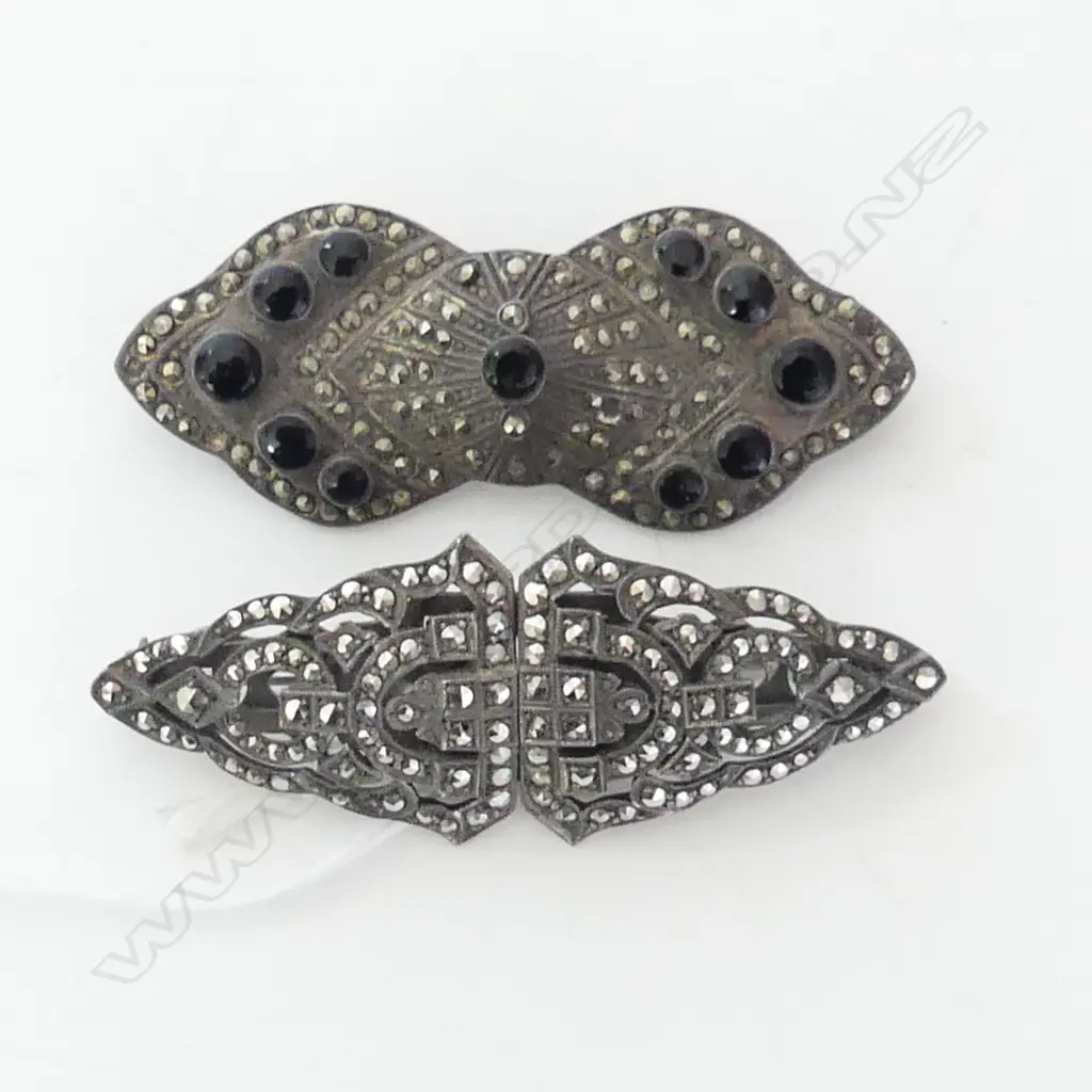 2 ART DECO STG SILVER / MARCASITE BROOCHES 29 GM L.55mm Image 1++