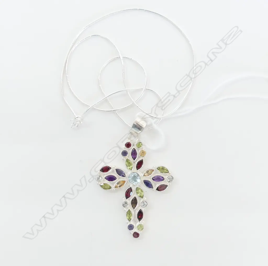 STG & MULTI GEMSTONES CROSS PENDANT WITH CHAIN Image 1++