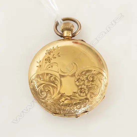 early 20thC 18CT FULL HUNTER LADIES POCKET WATCH engraved 37.7gm (includes movement)
