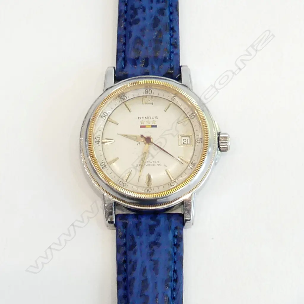 GENTS BENRUS WRIST WATCH - STAINLESS STEEL w. GILDED BEZEL Image 1++