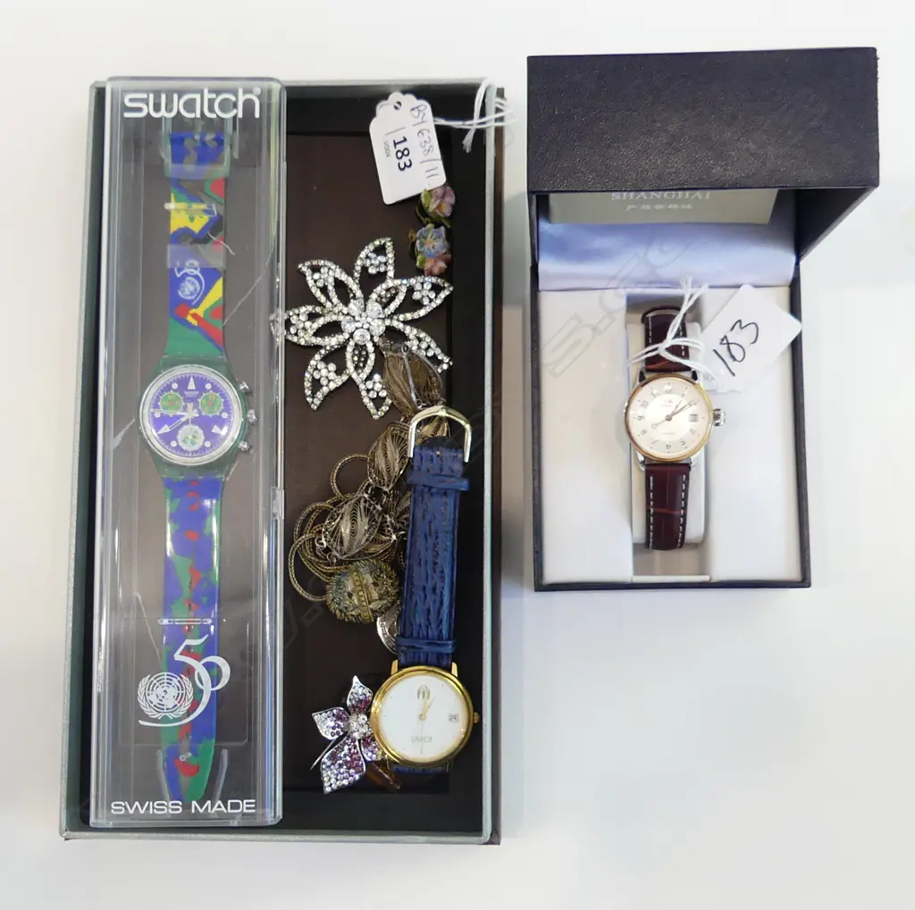 ASST. COSTUME JEWELLERY + 3 WRIST WATCHES & WALLET, BOXED Image 1++