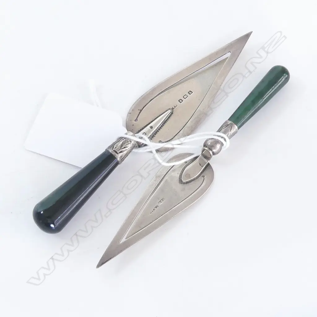 2 SILVER & GREENSTONE HANDLE PAGE MARKERS trowel form  1 colonial 1 English Image 1++