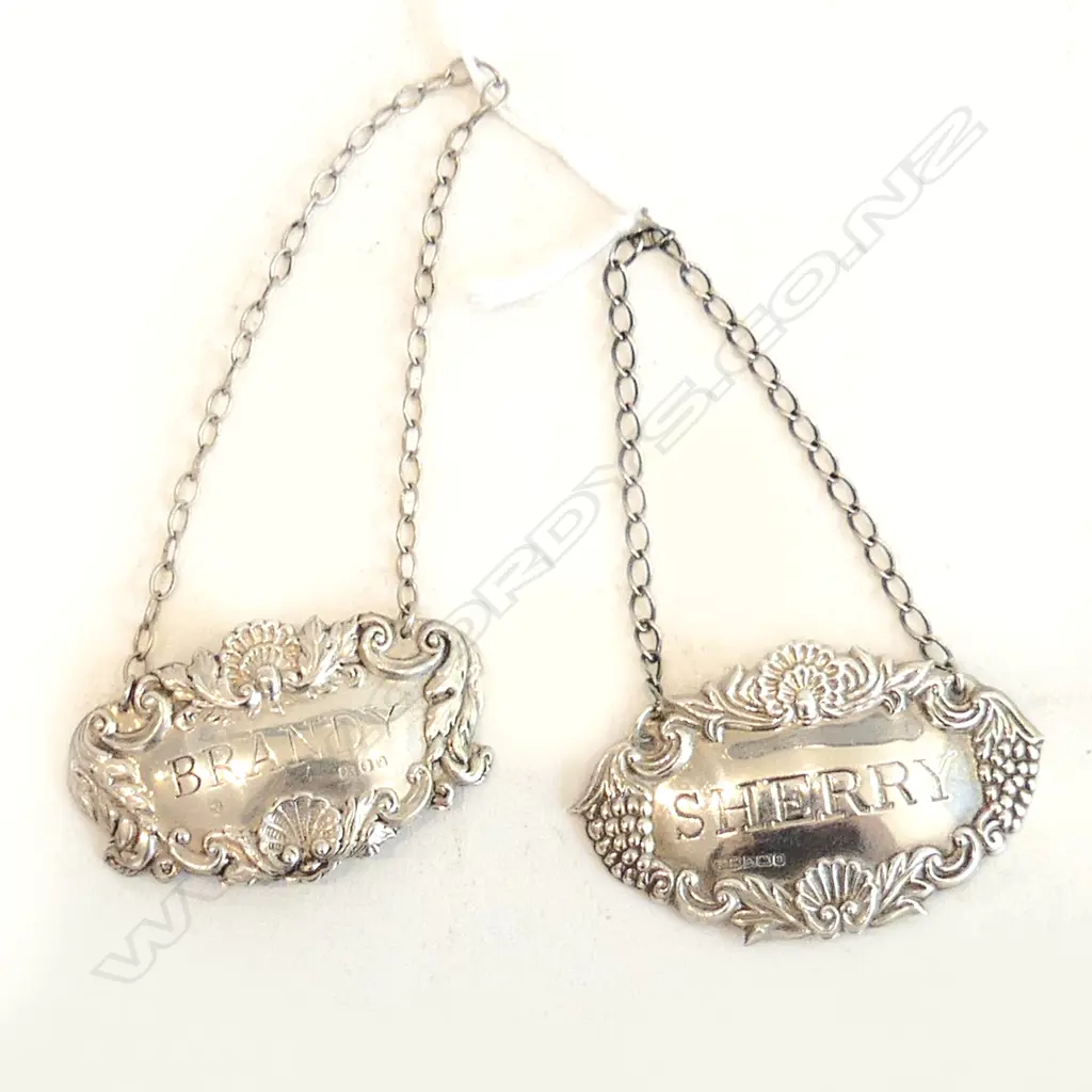 TWO STG SILVER DECANTER LABELS BRANDY & SHERRY LONDON & BIRMINGHAM HALLMARKS L.60MM Image 1++