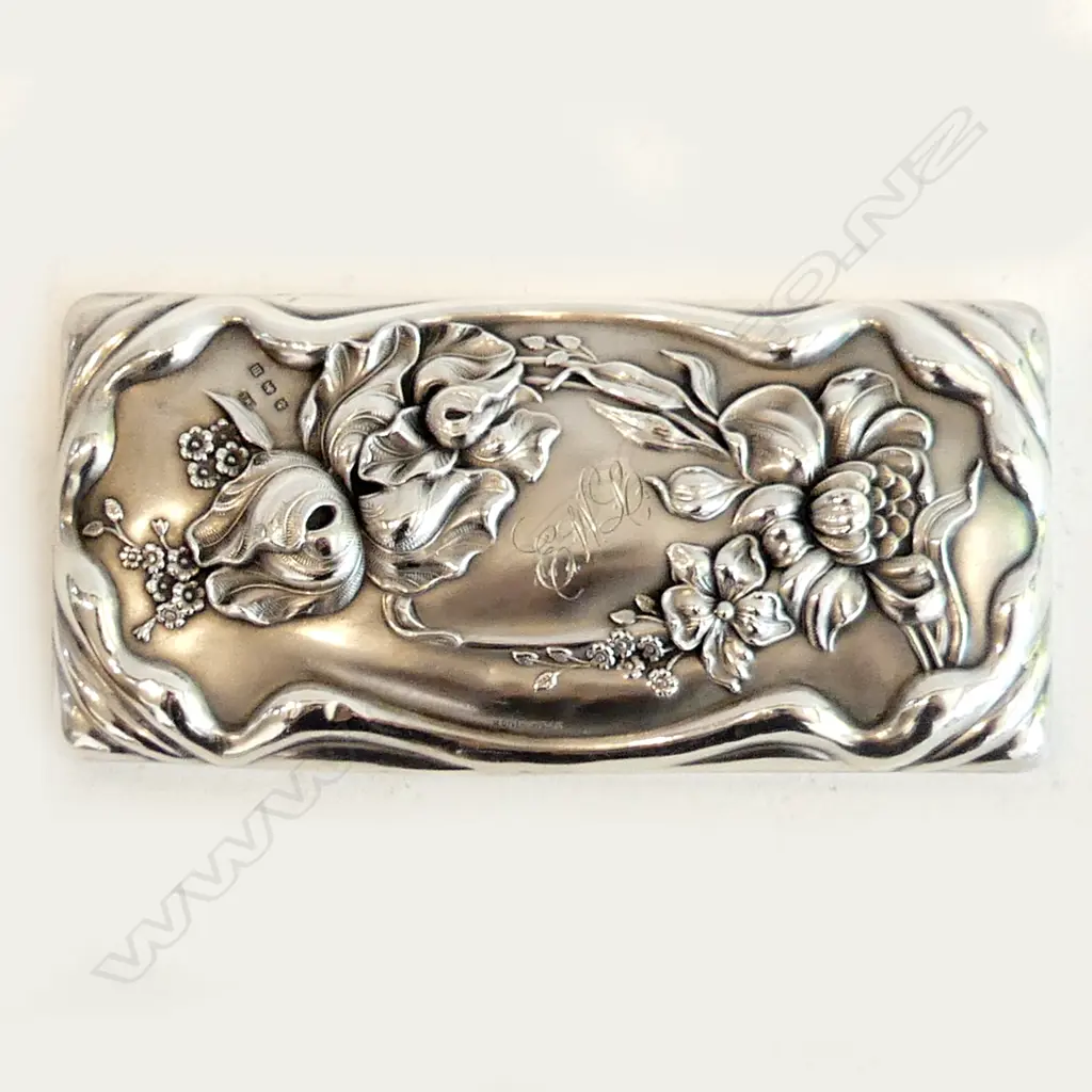 STG SILVER ART NOUVEAU FLORAL EMBOSSED LID BIRMINGHAM 1911 L.135MM Image 1++