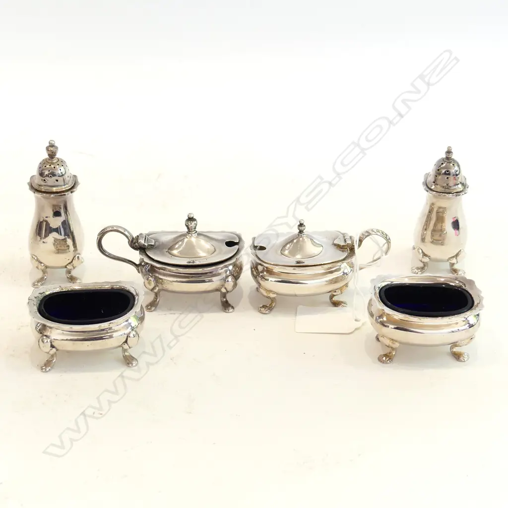 6 PIECE SILVER PLATED CRUET SET 2 SALTS, 2 PEPPER SHAKERS, & 2 MUSTARD POTS MADE IN ENGLAND Image 1++