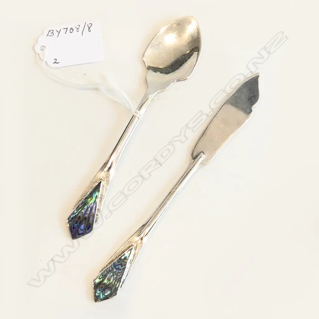 NZ STERLING SILVER & PAUA ART DECO BUTTER KNIFE & JAM SPOON STAMPED STG SILVER L.150MM Image 1++