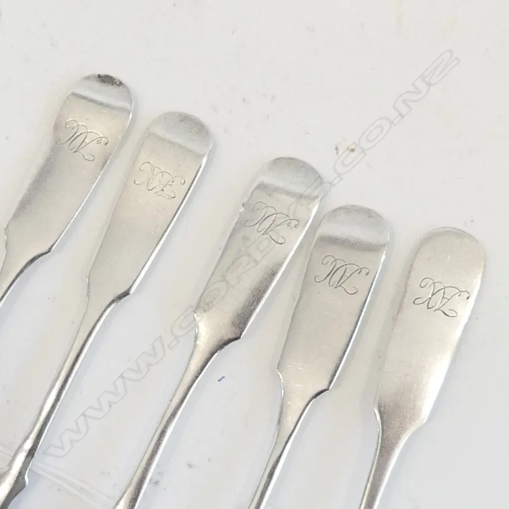1853 RUSSIAN STERLING SILVER SET OF 5 LARGE FIDDLE TEASPOONS ASSAYERS: A.K ANDREY KEVOSKY, A.I. ALEXANDER FULD, IVAN AUD Image 1++