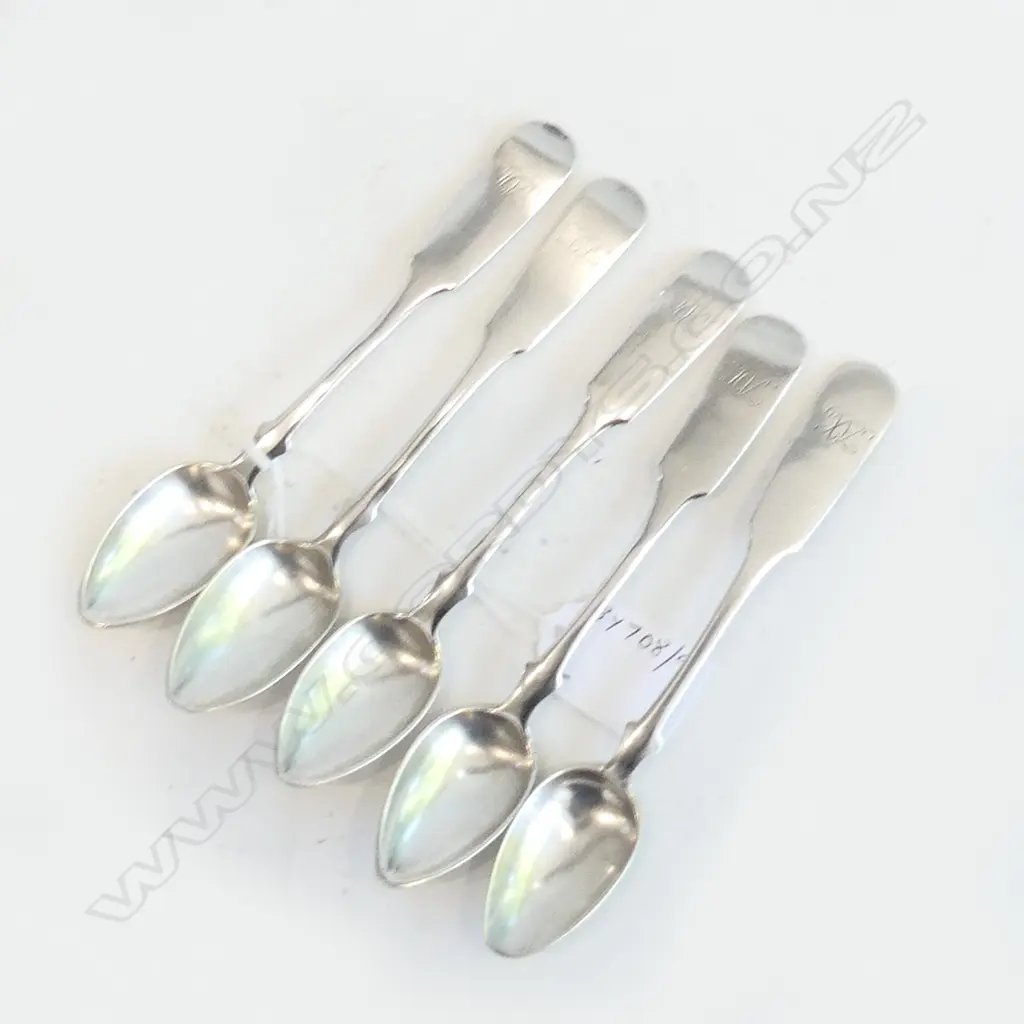 1853 RUSSIAN STERLING SILVER SET OF 5 LARGE FIDDLE TEASPOONS ASSAYERS: A.K ANDREY KEVOSKY, A.I. ALEXANDER FULD, IVAN AUD Image 1++