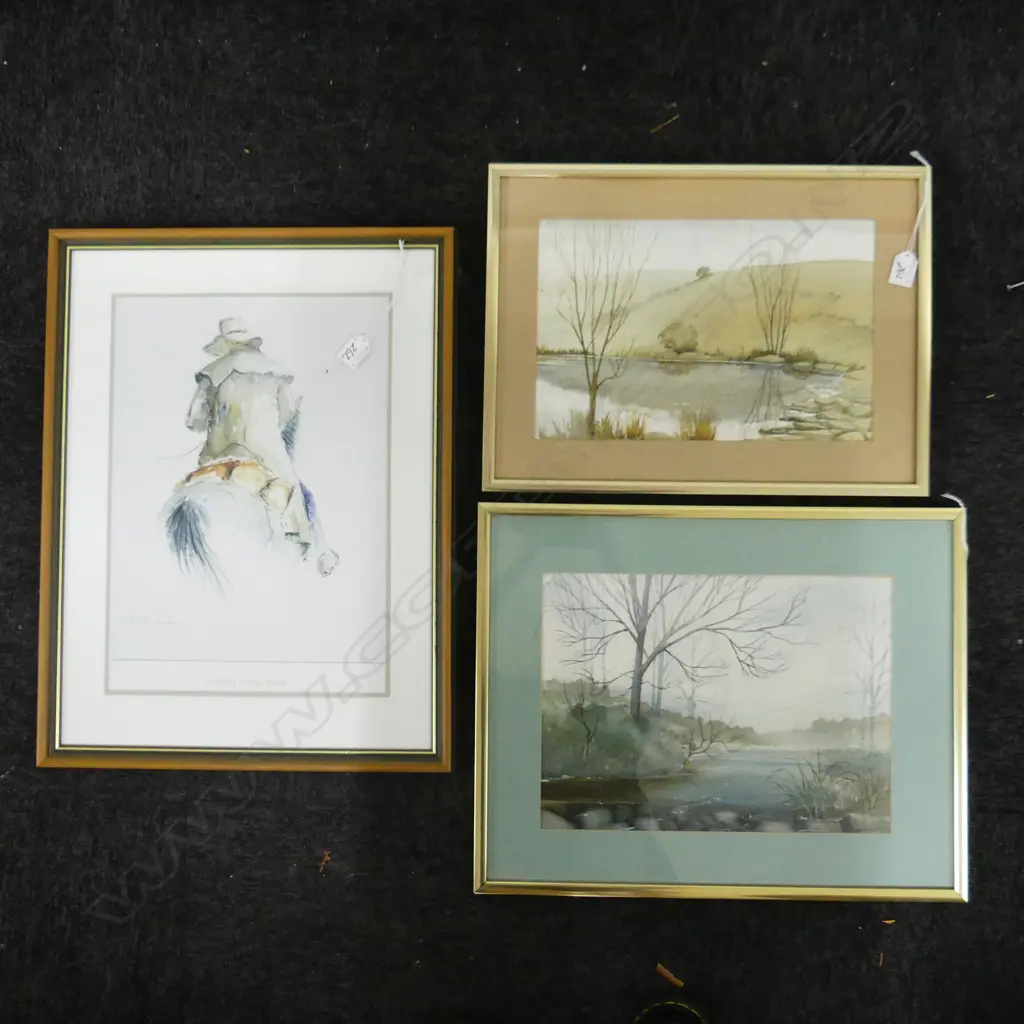 3 ARTWORKS: MICHAEL PONDER 'THE DROVER' PRINT + 2 LANDSCAPE WCs 265365mm Image 1++
