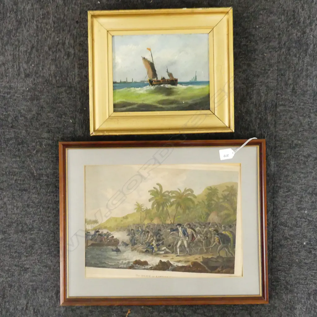 19thC ARTIST UNKNOWN 'FISHING VESSEL OFF YARMOUTH' OIL ON BOARD, 185x240mm + DEATH OF CAPTAIN COOK ENGRAVING (NO GLASS)  Image 1++