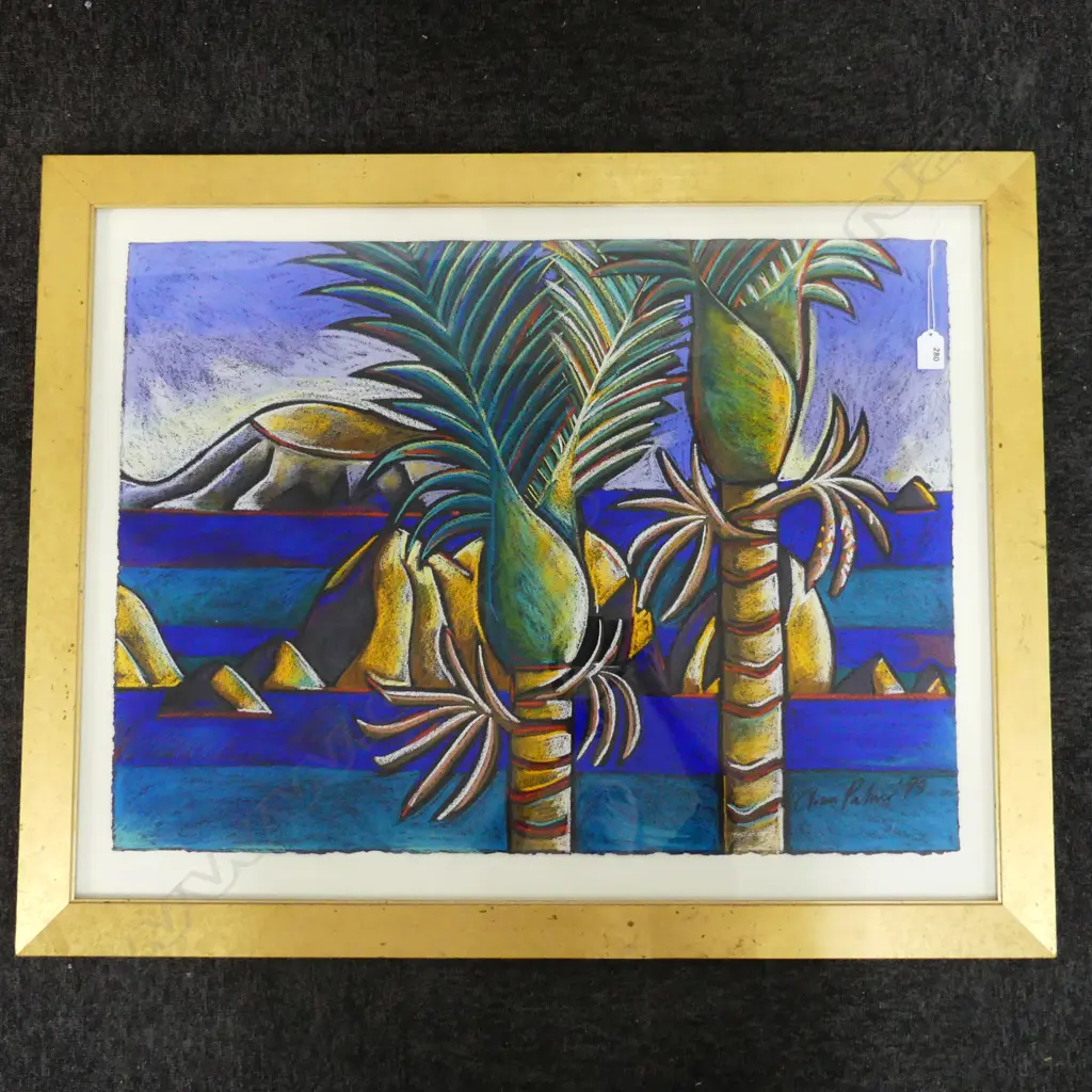 ANNA PALMER (NZ b.1963), LANDSCAPE WITH NIKAU PALMS, PASTEL ON PAPER '98 560x760mm Image 1++