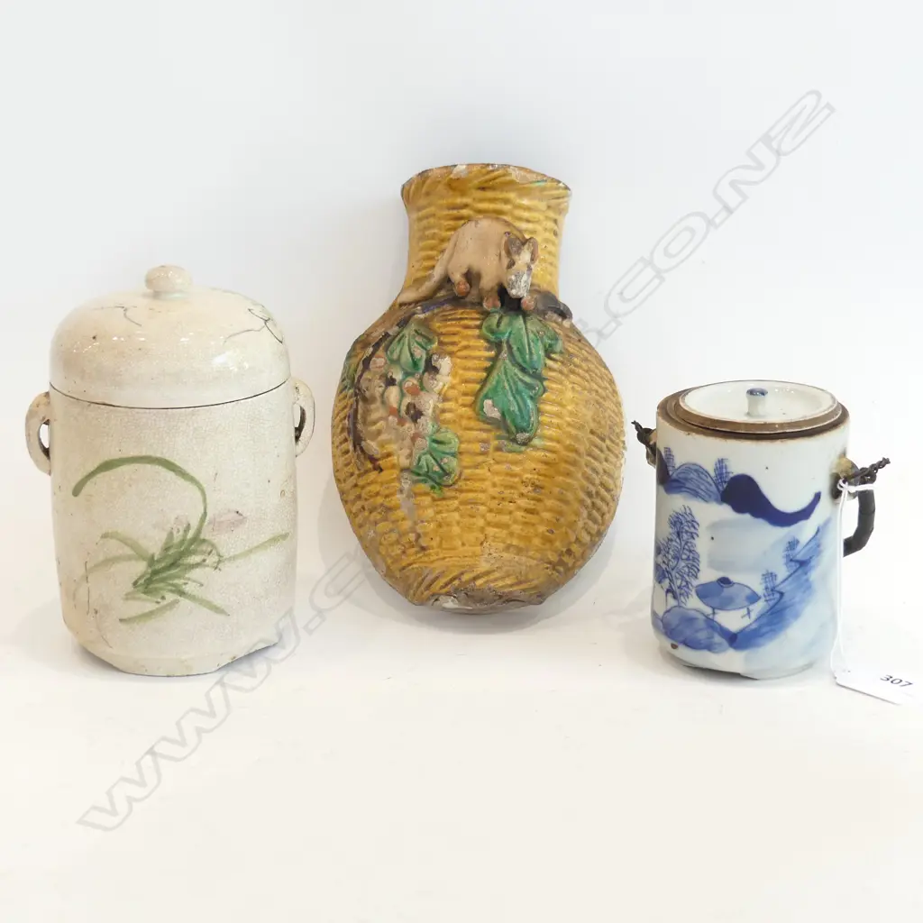3 PCES CHINESE CERAMICS: 2 LIDDED CONTAINERS + WALL MOUNTED VASE H.180mm Image 1++