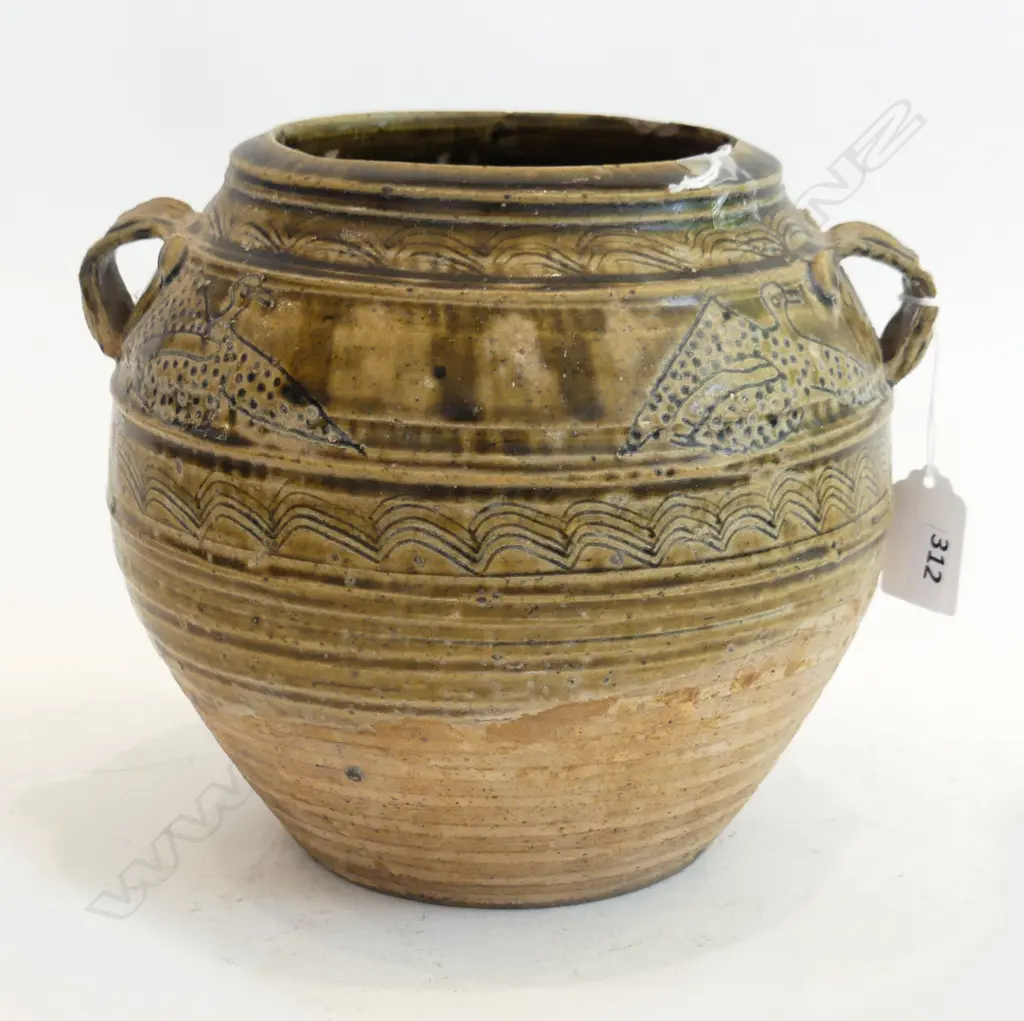 LATE 19THC SOUTH EAST ASIAN JAR WITH SGRAFFITO BIRD DECORATION H 190 MM Image 1++