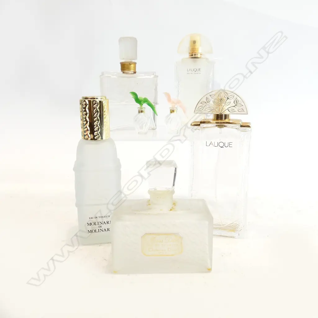 7 PERFUME BOTTLES: LALIQUE, DIOR H.150mm, 2 MINIATURE H.50mm Image 1++