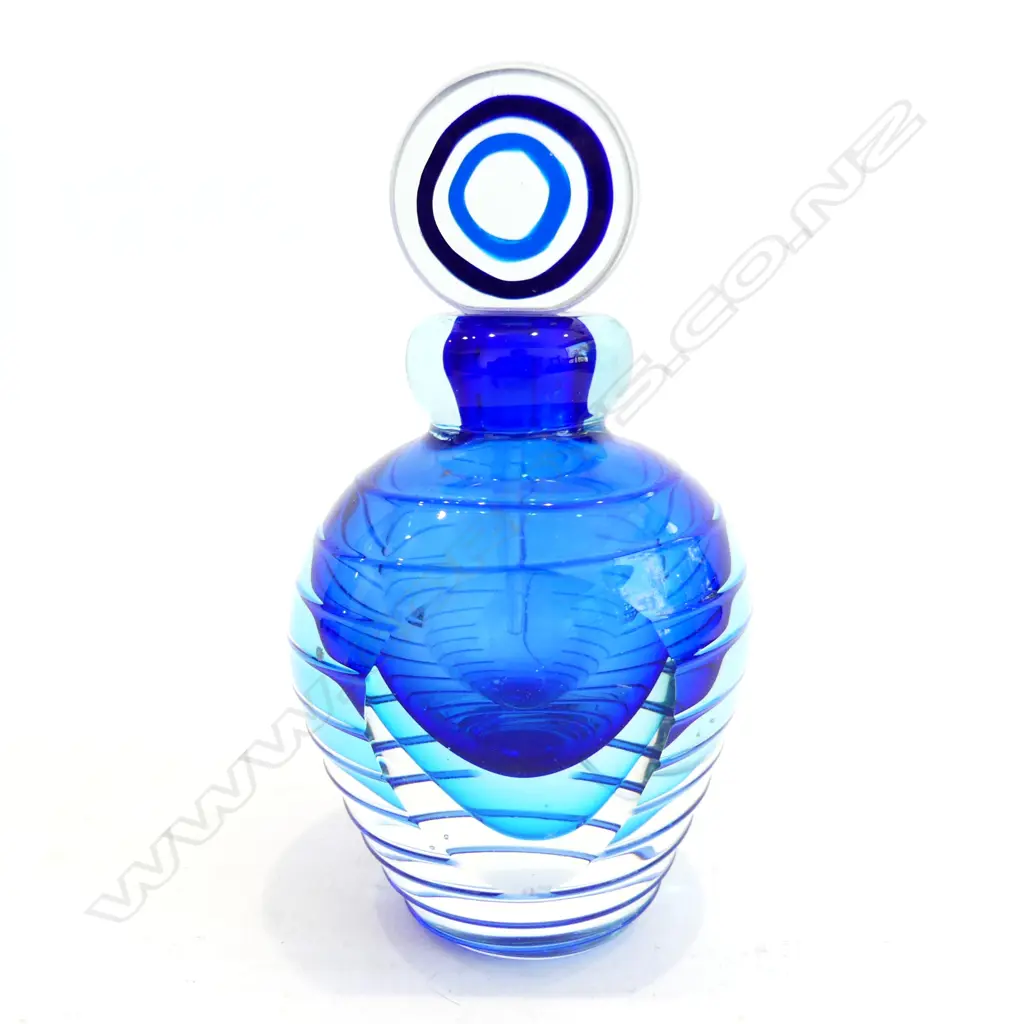 BLUE ART GLASS PERFUME BOTTLE w. STOPPER H.160mm Image 1++