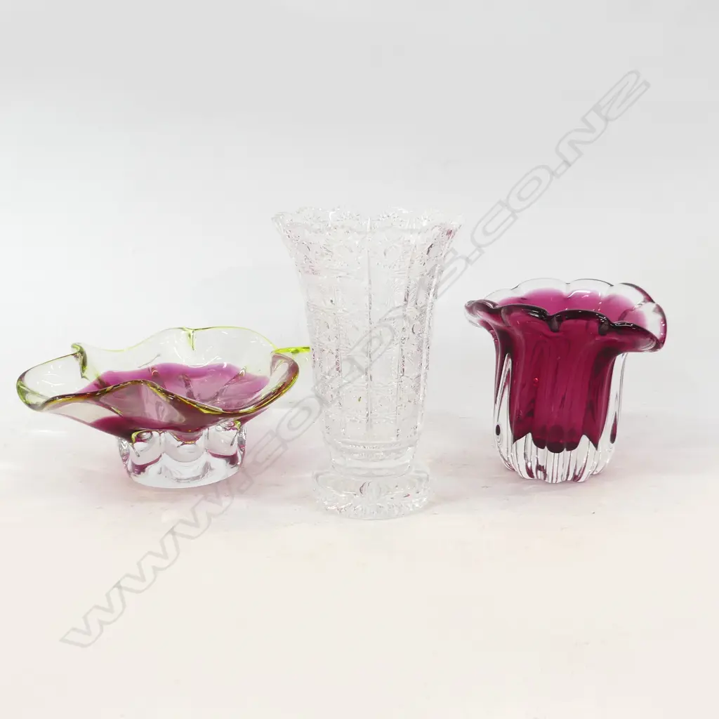 3 VASES; 2 CZECH RUBY GLASS 220mm dia, CRYSTAL H.205mm Image 1++