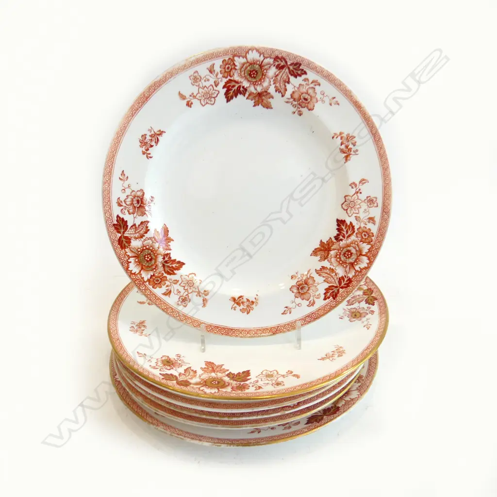 7 WEDGWOOD DINNER PLATES, GOLD & RED FLOWERS w GOLD TRIM Image 1++