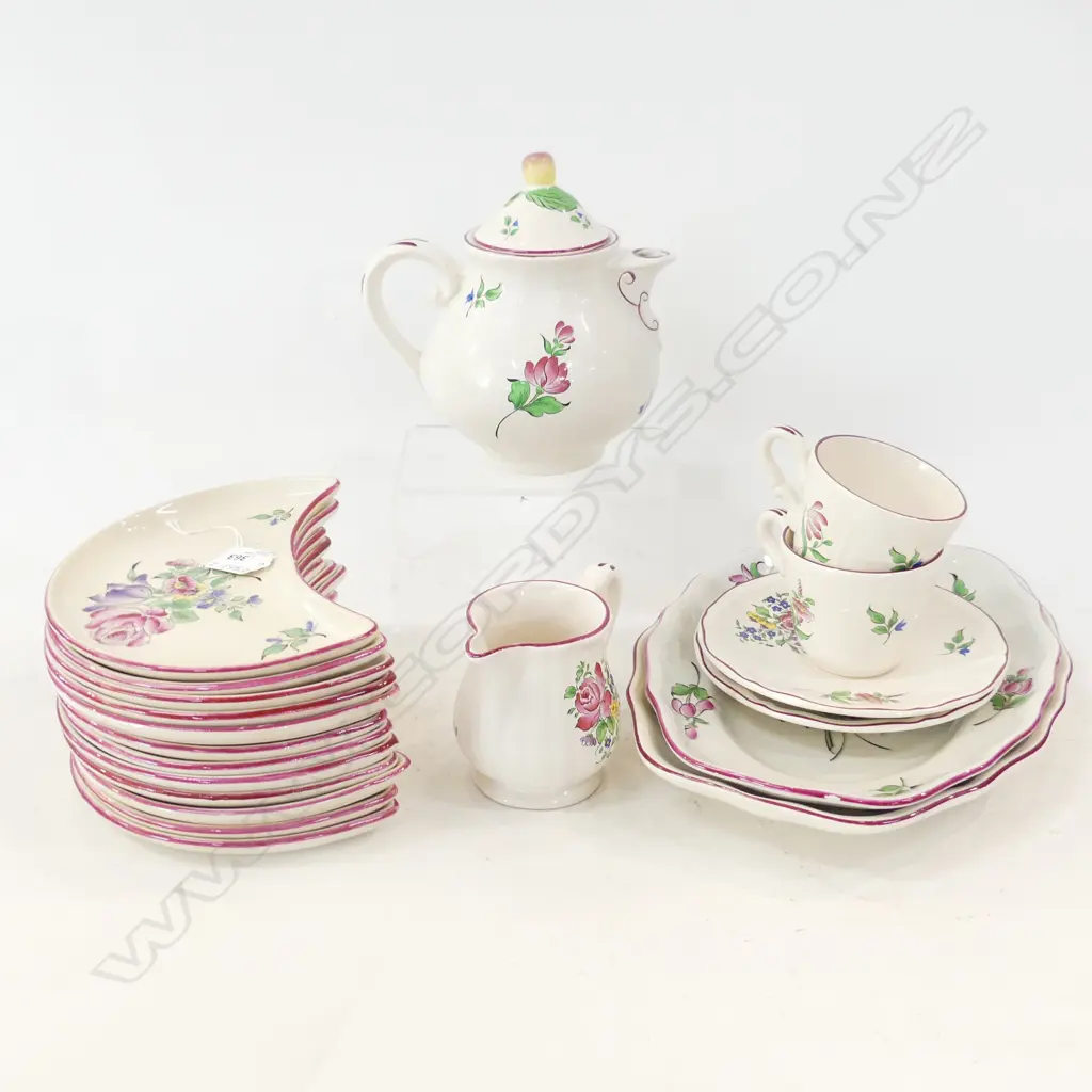 20PCS FRENCH 'LUNEVILLE' WARE, 12 CRESCENT SIDE PLATES, TEAPOT, MILK JUG, 2 CUPS & SAUCERS & 2 SERVING PLATES (damaged) Image 1++