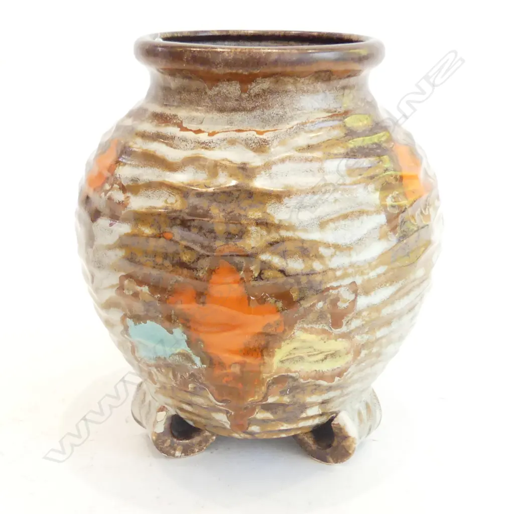 GERMAN 'CARSTENS TONNIESHOF' ART DECO FOOTED VASE w ORANGE ABSTRACT FLOWER DECORATION. H.210mm Image 1++