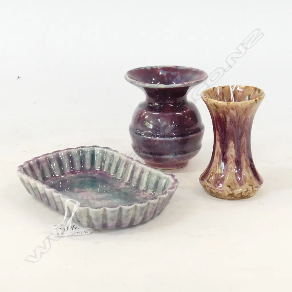 3PCS 1940S C/LYNN 2 VASES & MAUVE DISH DIA.150mm Image 1++
