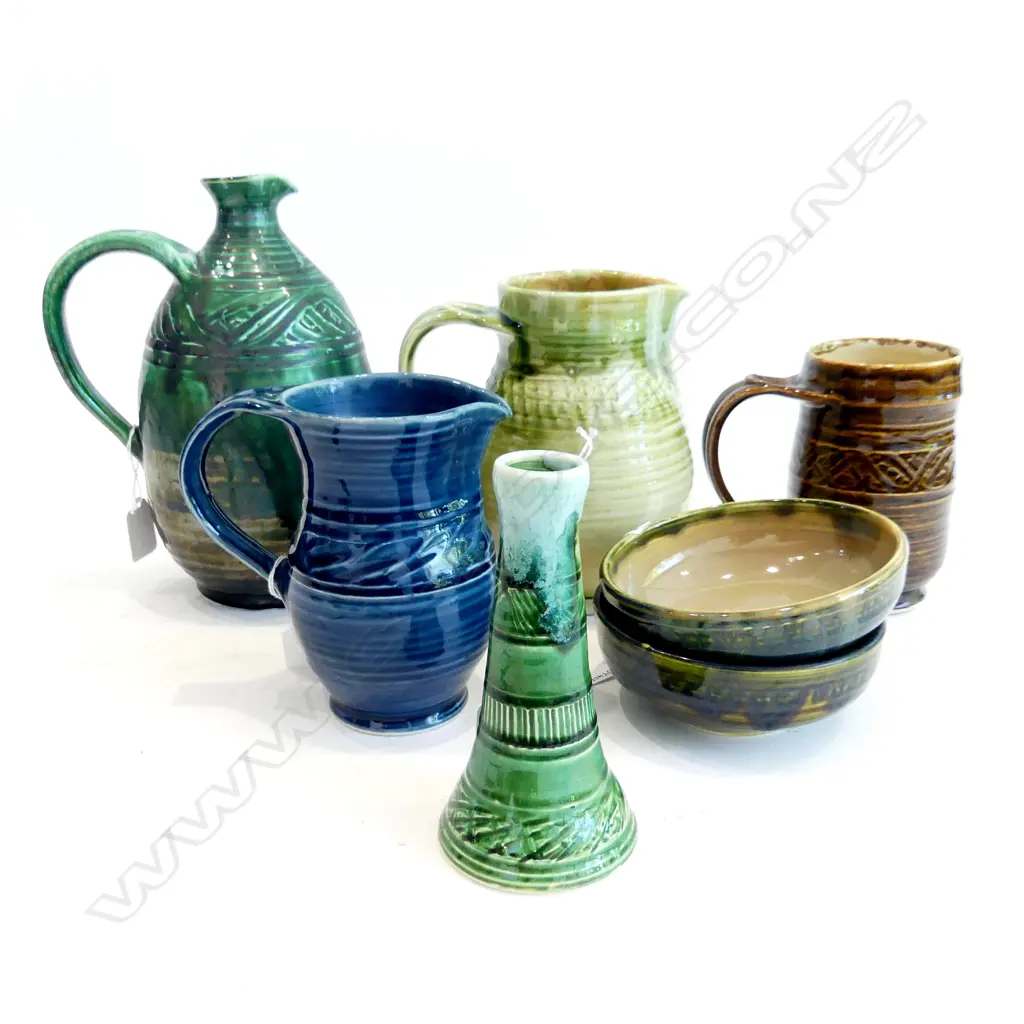 7PCS PAUL WALSH STUDIO POTTERY 3 JUGS TALLEST 240MM 2 DISHES DIA 130MM MUG & VASE Image 1++