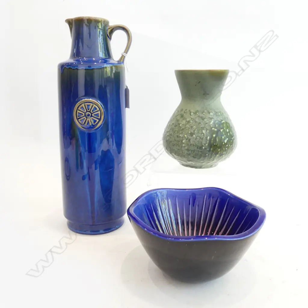 LRG BLUE  'SOHOLM STENTOJ' PITCHER NORDLY RANGE, H.320mm & SWEDISH RORSTRAND BOWL & GREEN MID CENTURY GERMAN VASE Image 1++