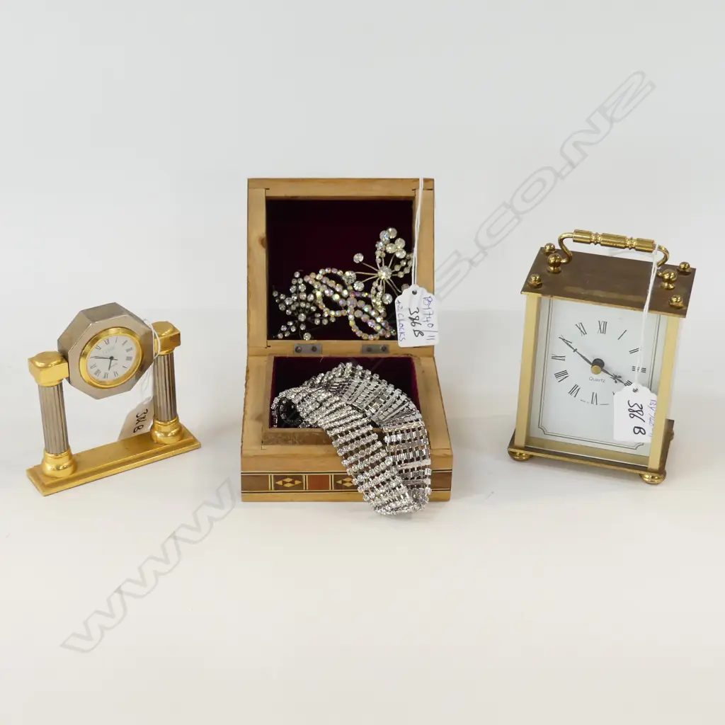 2 CLOCKS + INLAID BOX w. ASST. COSTUME JEWELLERY, DIAMANTE ETC Image 1++