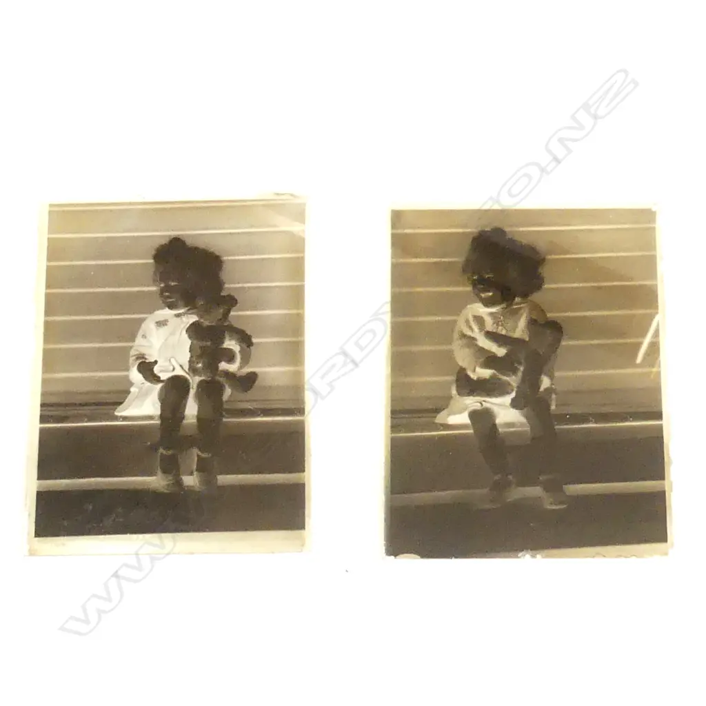 PAIR OF ANTIQUE GLASS PHOTOGRAPH NEGATIVES OF GIRL WITH TEDDY BEAR C.1910S L. 80MM Image 1++
