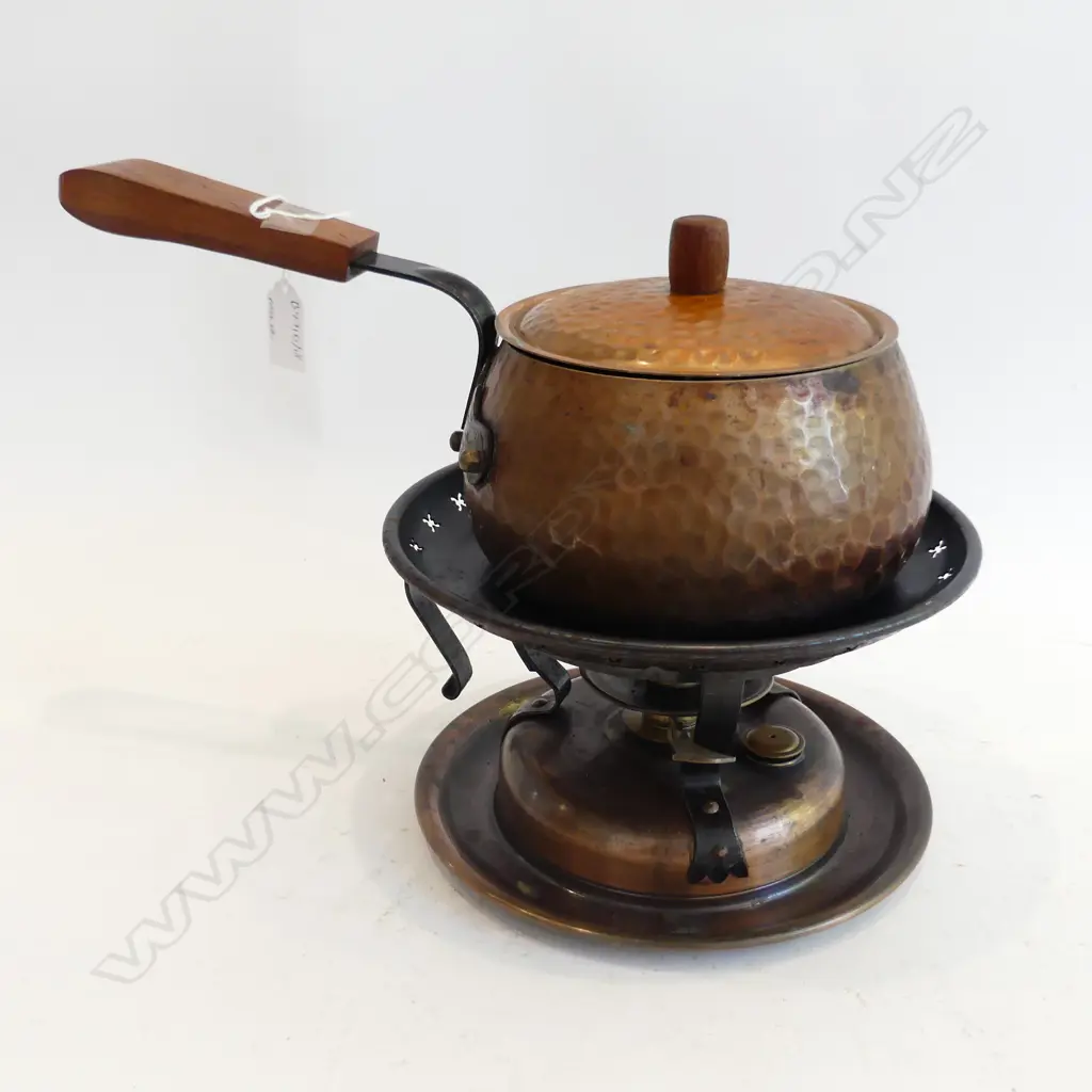 RETRO BRASS FONDUE SET,6 STEULER CERAMIC PLATES AND 12 BOXED FORKS C1961 Image 1++