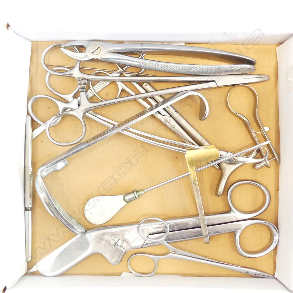 13 VINTAGE MEDICAL TOOLS INCLUDES FORCEPS, PROBE, ARTERY FORCEPS, RETRACTOR, NASAL SPECULUM ETC Image 1++