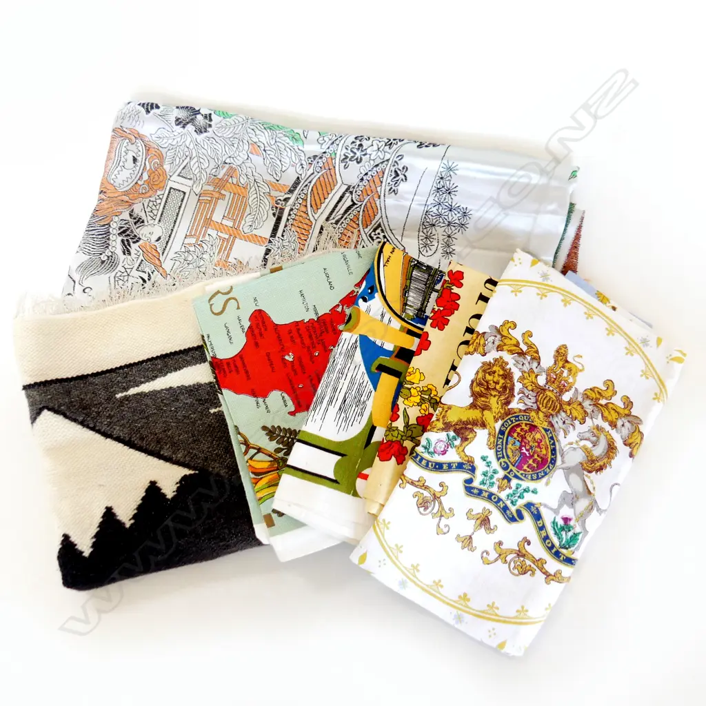 7 PCS; LRG VINTAGE CHINESE TABLECLOTH, 4 UNUSED LINEN TEA TOWELS & SML ANDEAN WOOL WOVEN RUG & BLACK PASHMINA Image 1++