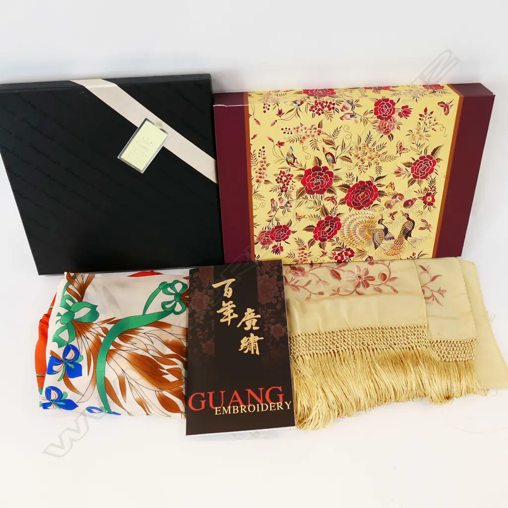2 BOXED SILK SCARVES; 1 w. GUANG EMBROIDERY  Image 1++