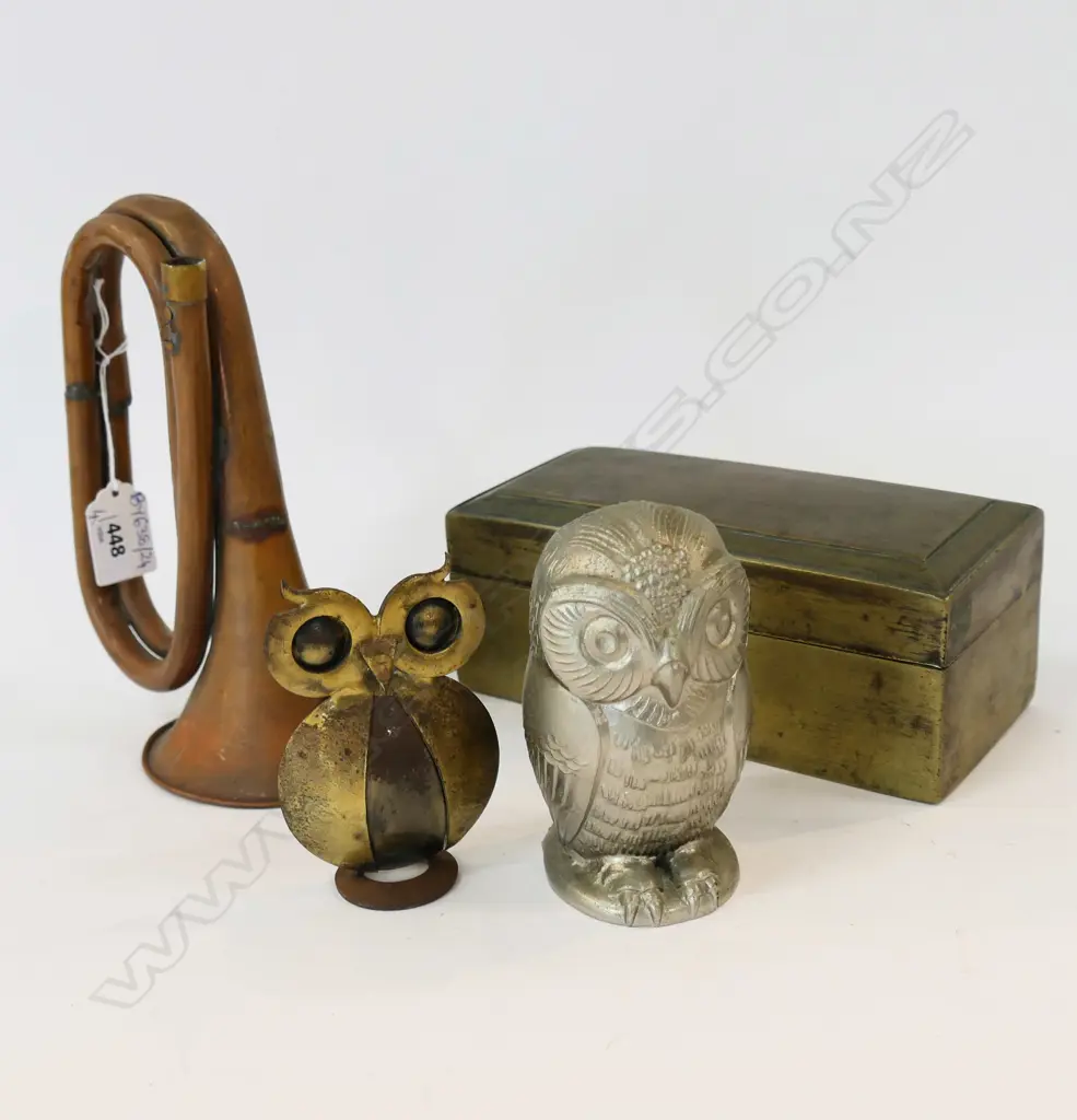 BRASS BOX L.190mm, HORN, 2 OWLS Image 1++