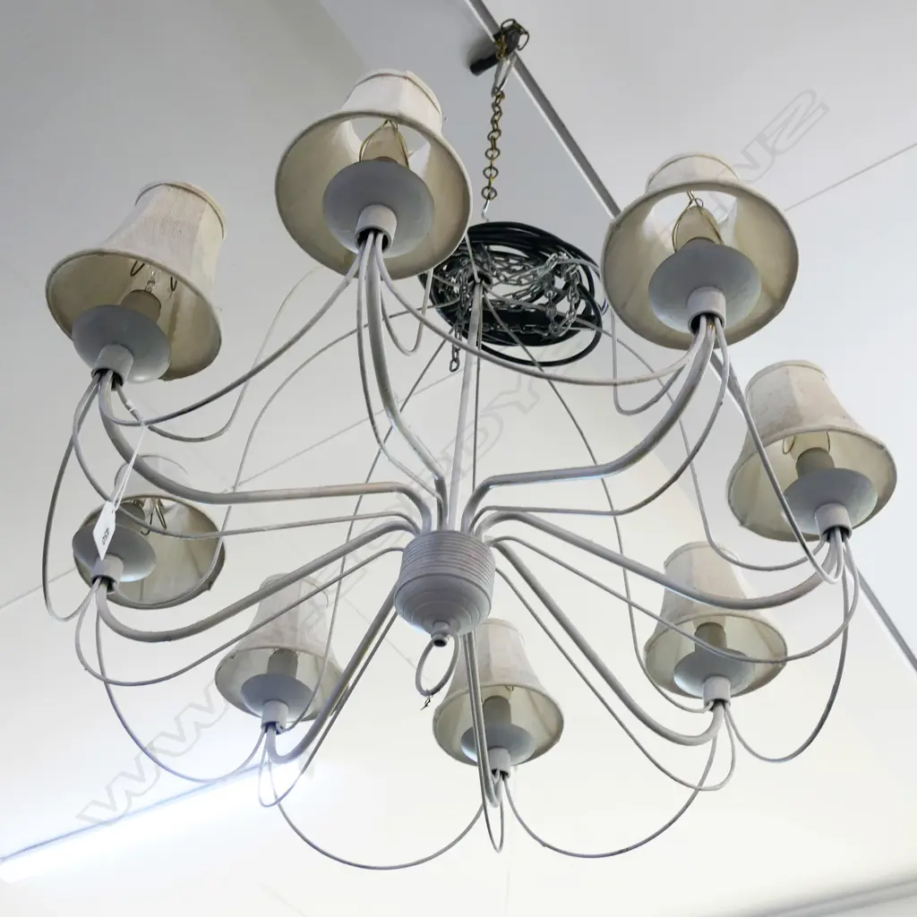 LG 8 ARM WHITE METAL CHANDELIER w. LINEN SHADES  800mm dia H.650mm Image 1++