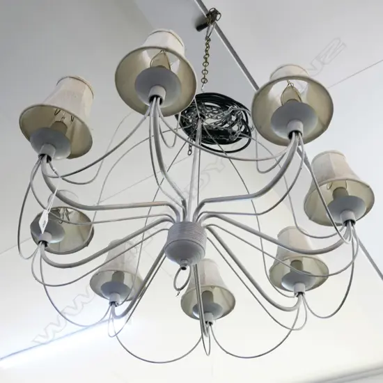 LG 8 ARM WHITE METAL CHANDELIER w. LINEN SHADES  800mm dia H.650mm