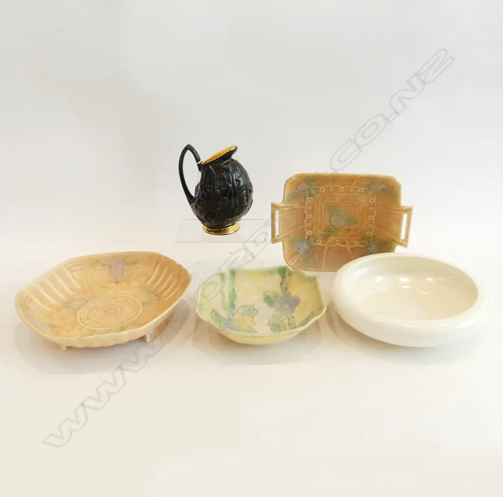 5 PCS ENGLISH ART DECO, 3 CROWN DEVON DISHES & BESWICK DISH & JUG. Image 1++