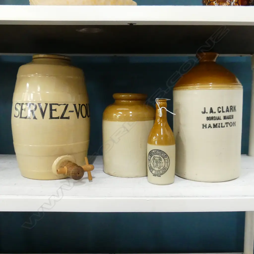 4 PCES STONEWARE; 3 CROCKS INCL 'SERVEZ-VOUS' H.320mm + GREY & MENZIES BOTTLE Image 1++