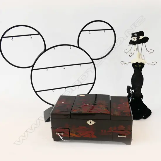 JAPANESE JEWELLERY BOX W.305mm, 2 STANDS; FIGURE & MICKEY MOUSE